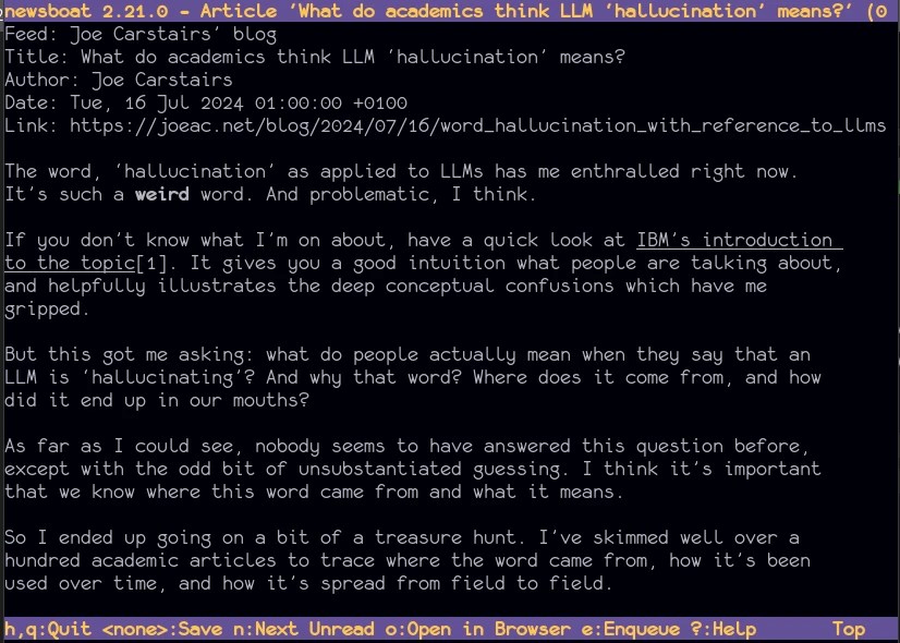 newsboat displaying a post